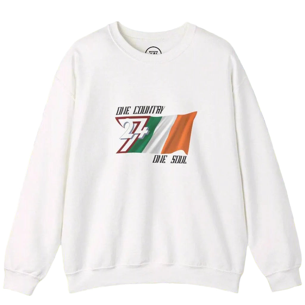 White unisex sweatshirt featuring Ireland flag with "One nation one soul" slogan.