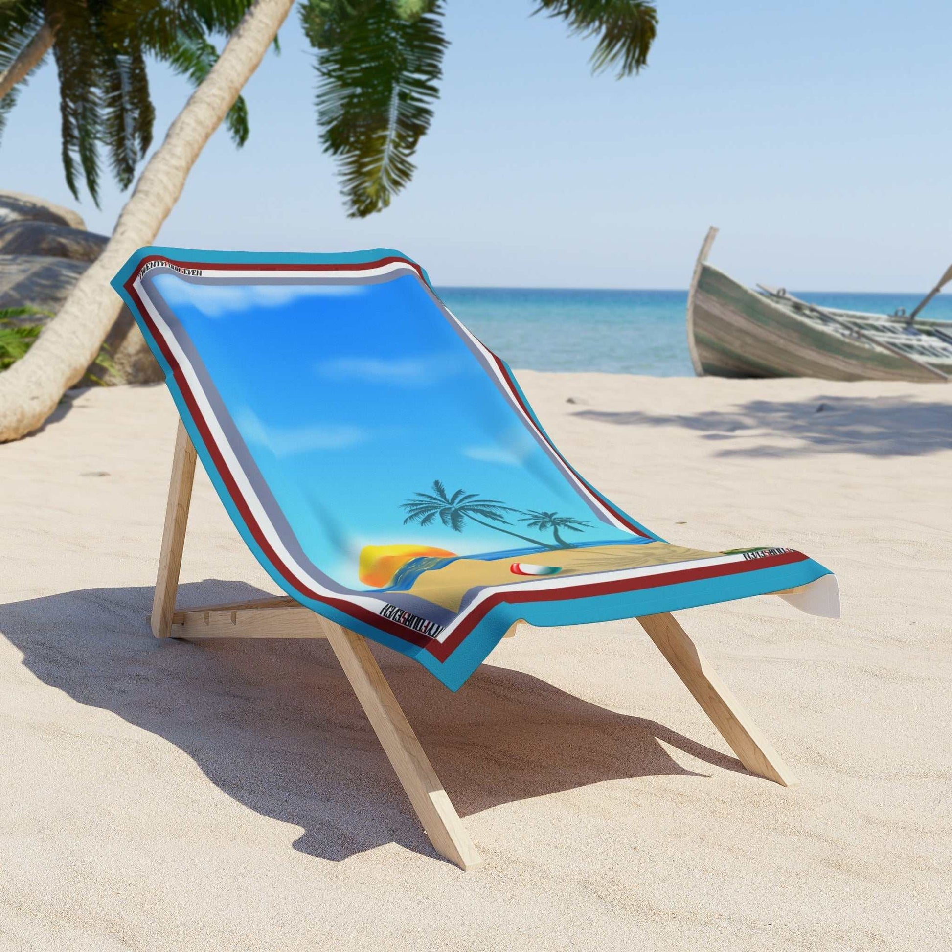 Novelty pool towel showing a vibrant yellow sunset over a blue ocean with palm tree shadows on the sand.