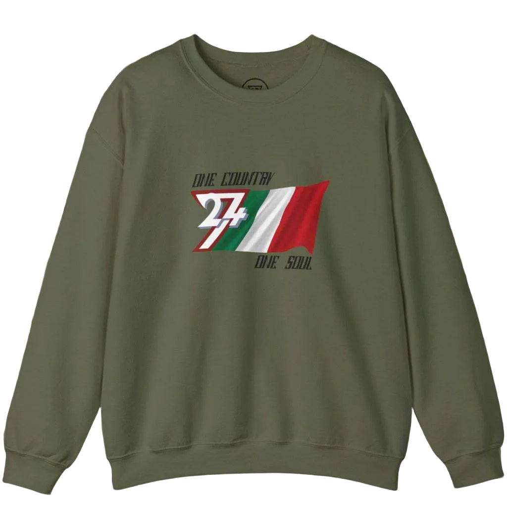 Italy flag inspired green sweatshirt with hand-drawn flag and "One Country One Soul" text for sports and national pride events
