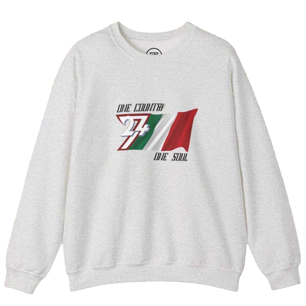 Italy flag inspired grey sweatshirt with unique hand-drawn design and patriotic slogan, perfect for sports events and national pride.