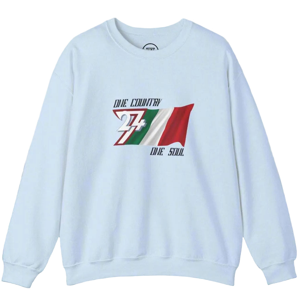 White sweatshirt with hand-drawn Italy flag design and slogan "One Country One Soul" for national pride and sports events
