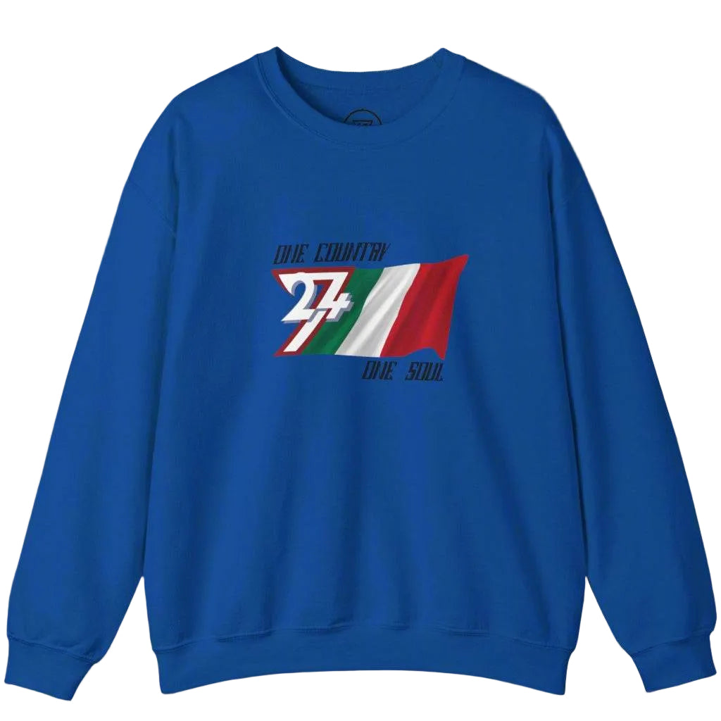Blue sweatshirt featuring a hand-drawn Italy flag design with text "One Country One Soul" for national and sports events.