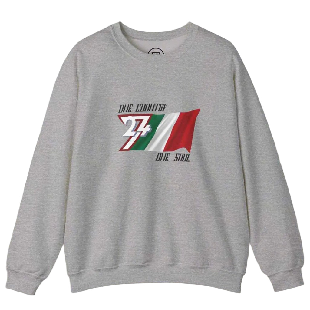Gray sweatshirt with hand-drawn Italy flag and "One country, one soul" design, patriotic sportswear