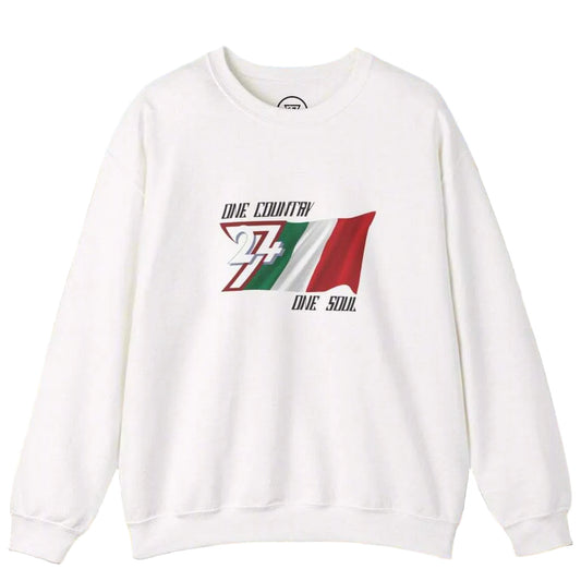 White sweatshirt with hand-drawn Italy flag design and "One Country One Soul" text, perfect for sports events and national pride.