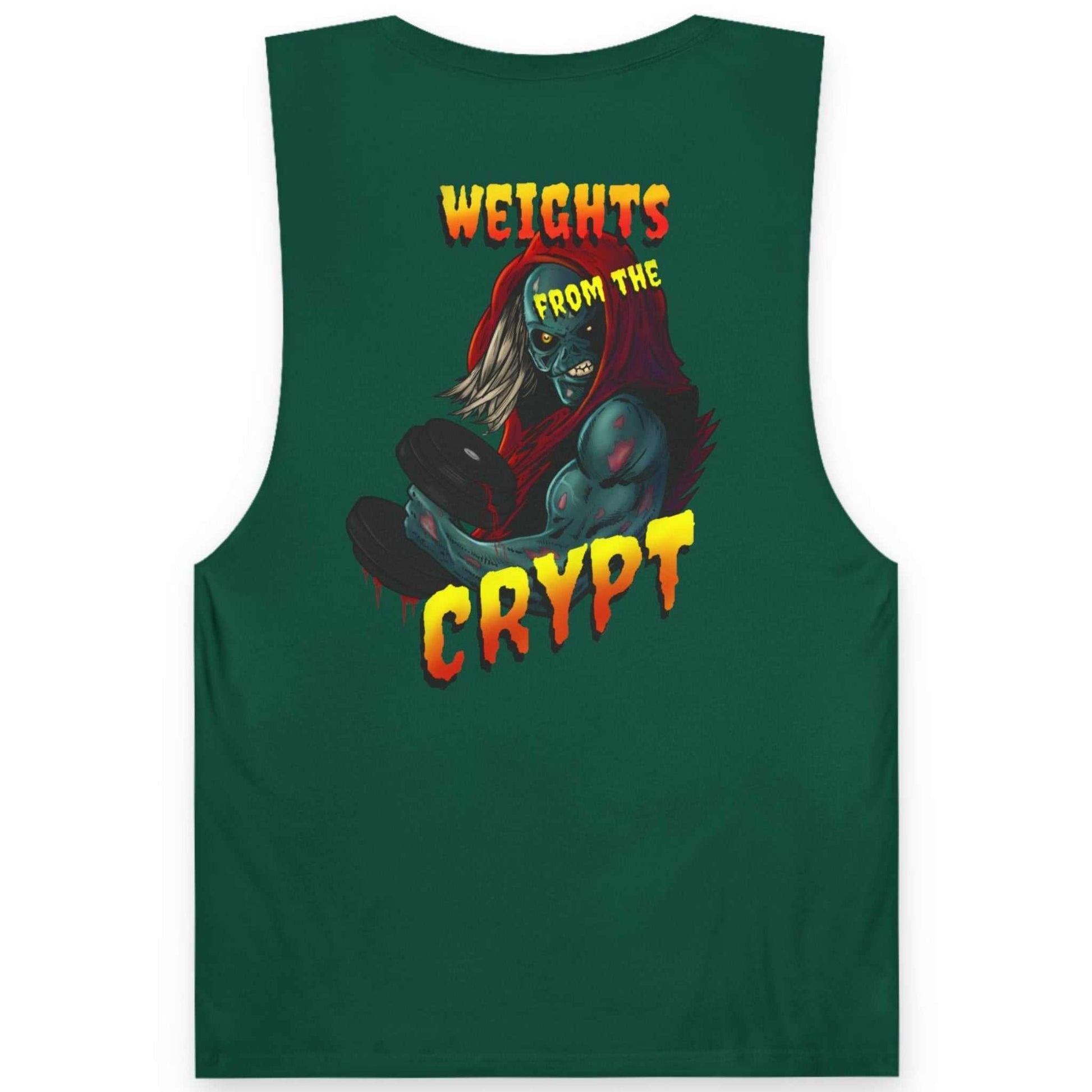 Back view of a jade green horror comic workout shirt highlighting the Weights From The Crypt artwork.