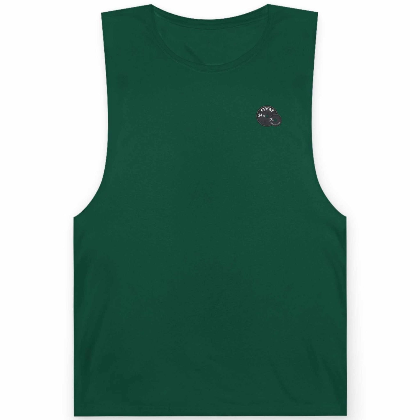 Front view of a jade green raw cut gym shirt for men displaying the minimalist weight plate design, shown on a clean background.