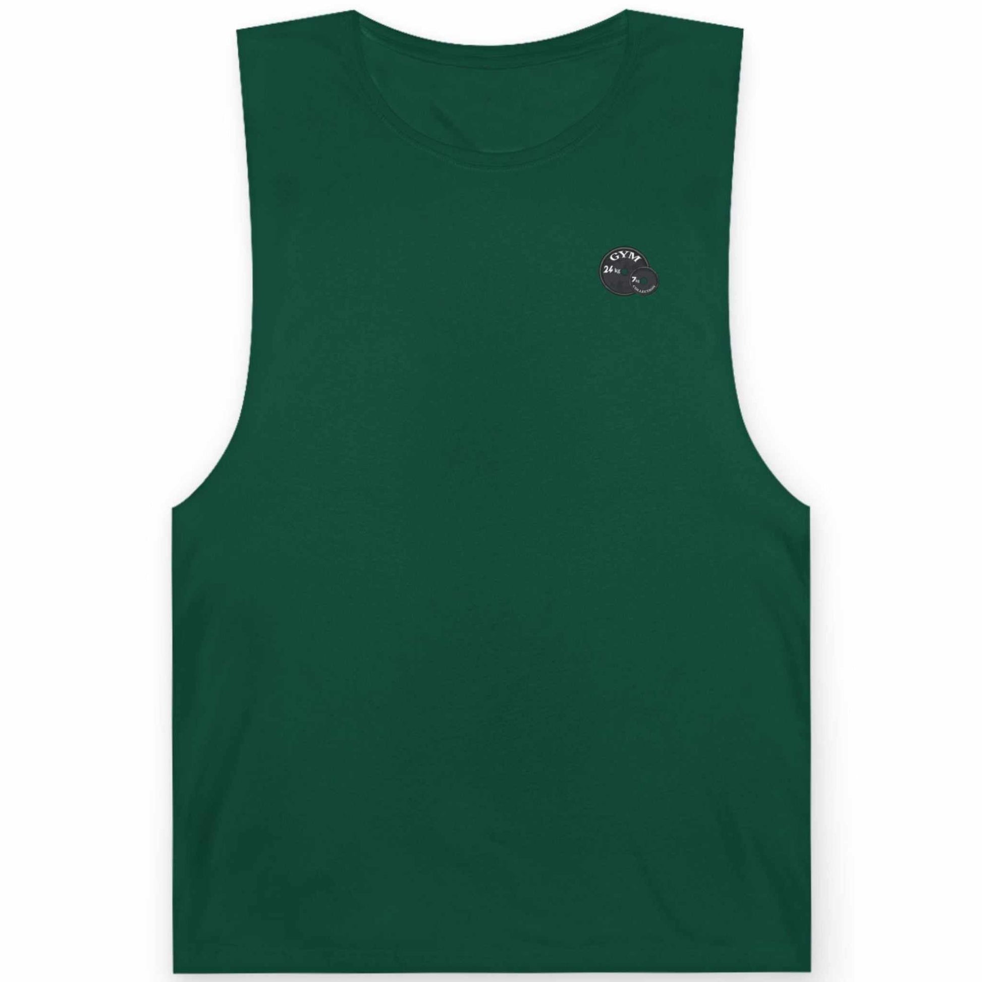 Front view of a jade green raw cut gym shirt for men displaying the minimalist weight plate design, shown on a clean background.