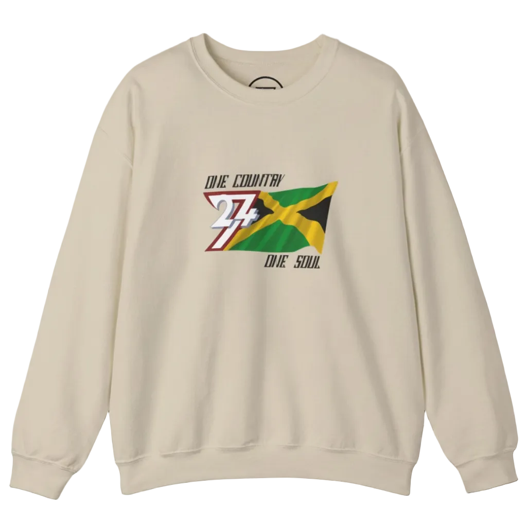 Jamaica Flag Crewneck Sweatshirt with hand-drawn flag and "One Country One Soul" text on cream knit fabric
