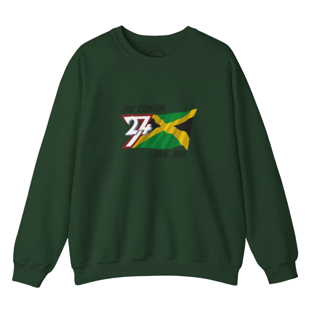 Dark green Jamaica flag crewneck sweatshirt with "One Country One Soul" text and bold hand-drawn Jamaican flag design on chest.