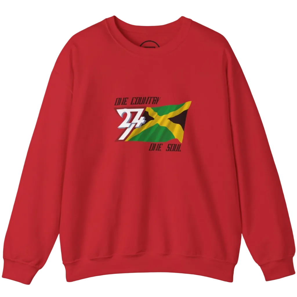 Red Jamaica Flag crewneck sweatshirt with hand-drawn flag illustration and "One country one soul" text on chest
