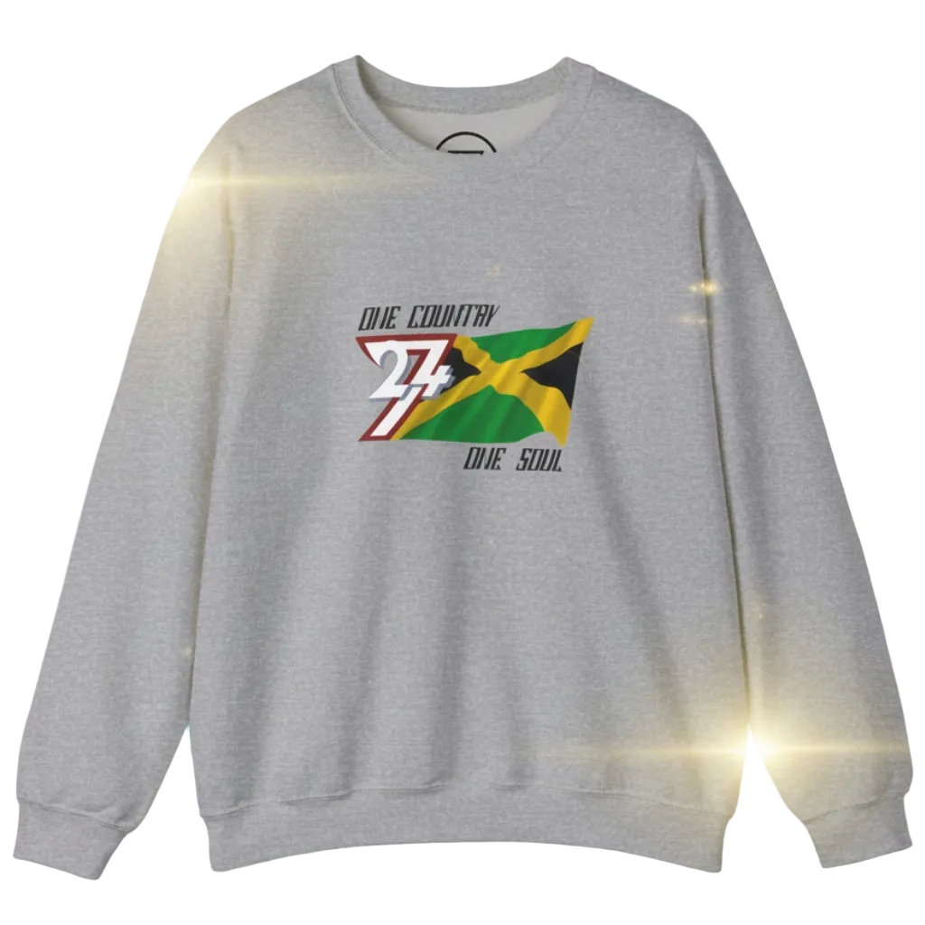 Grey crewneck sweatshirt featuring a hand-drawn vibrant Jamaica flag with "one country one soul" text, medium-heavy cotton blend.
