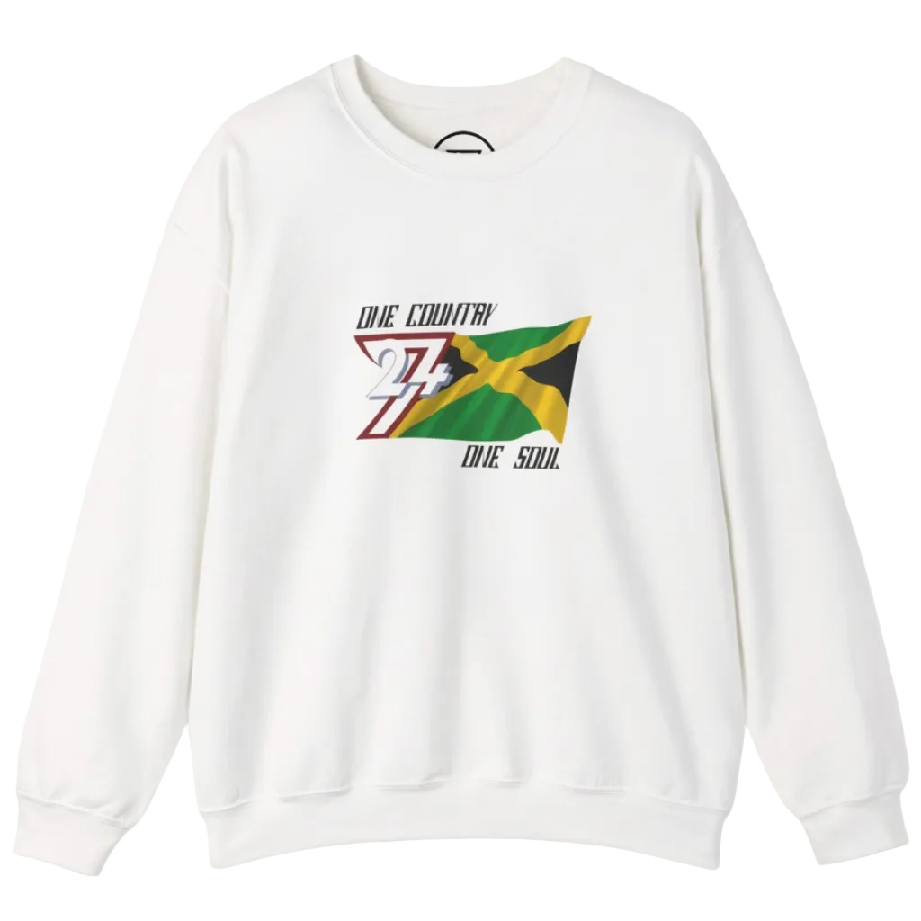 White Jamaica Flag crewneck sweatshirt with vibrant hand-drawn flag and "One Country One Soul" text design