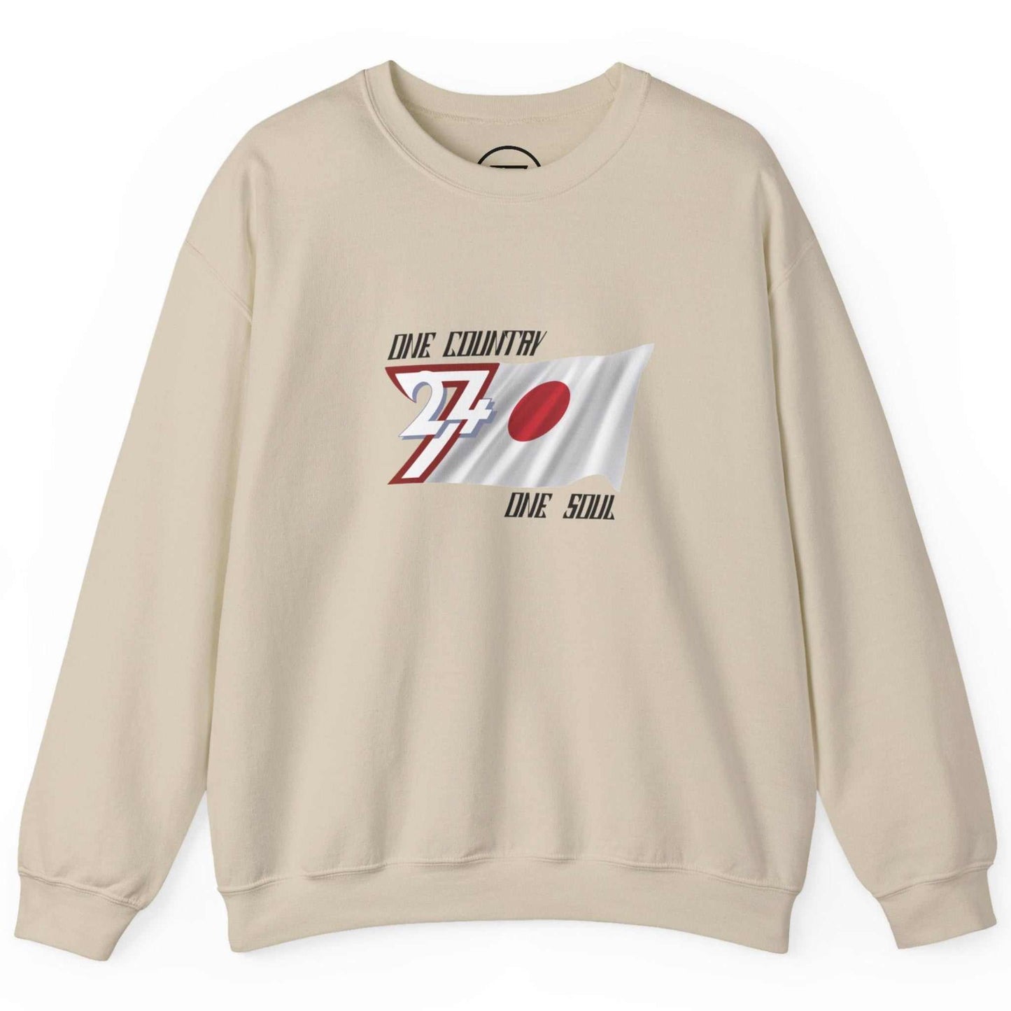 Beige Japan flag graphic sweatshirt with One Cuntry One Soul slogan