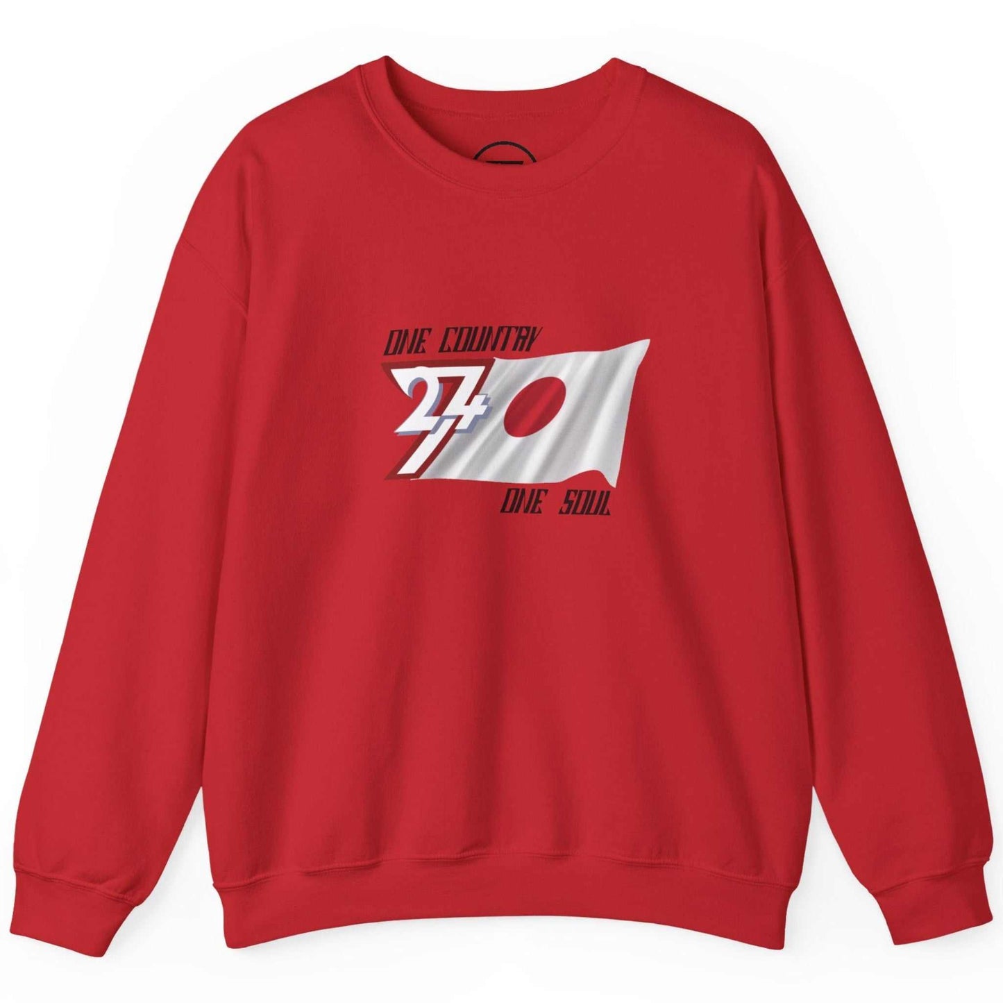 Red graphic sweatshirt with hand-drawn Japan flag illustration