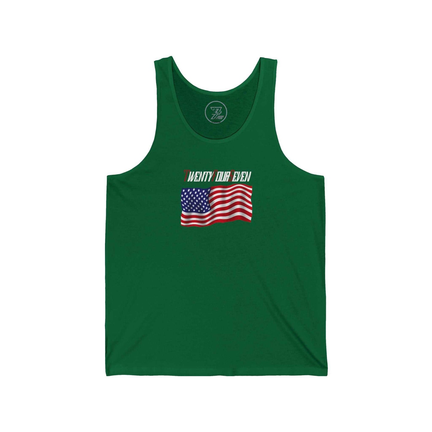 Bright kelly green women's Americana tank top showcasing an artist-illustrated American flag graphic.