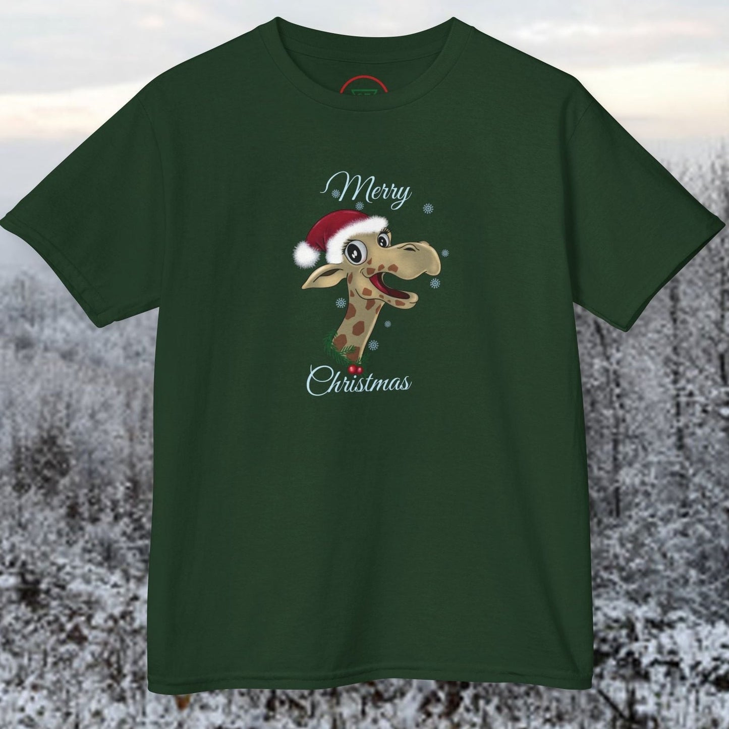 Kids Forest Green holiday shirt featuring a giraffe in a Christmas hat, 100% ring-spun cotton.