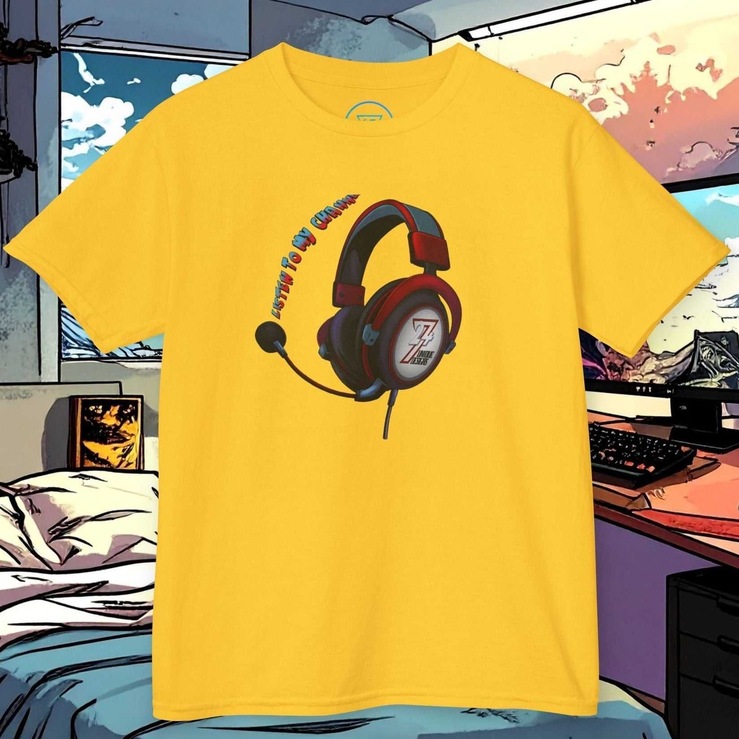 Kids Gamer Headset T-Shirt in Daisy Yellow featuring a hand-drawn gamer headset.