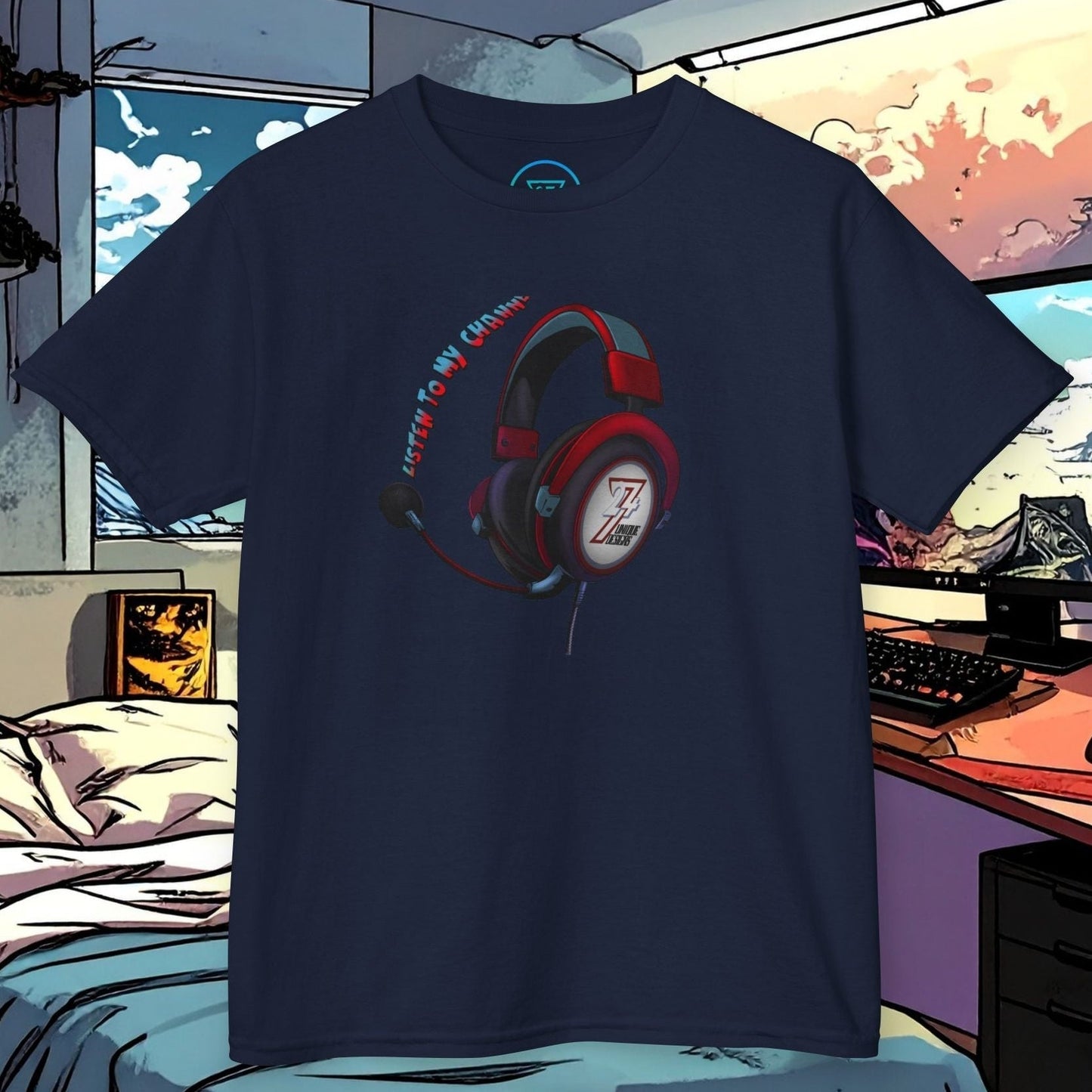 Kids Gamer Headset T-Shirt in Navy featuring the streamer-inspired 24/7 graphic.