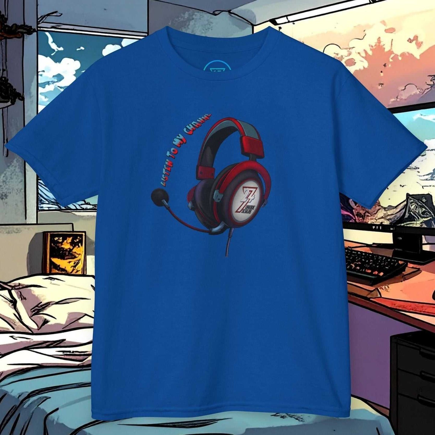 Kids Gamer Headset T-Shirt in Royal Blue featuring the "Listen to My Channel" text.