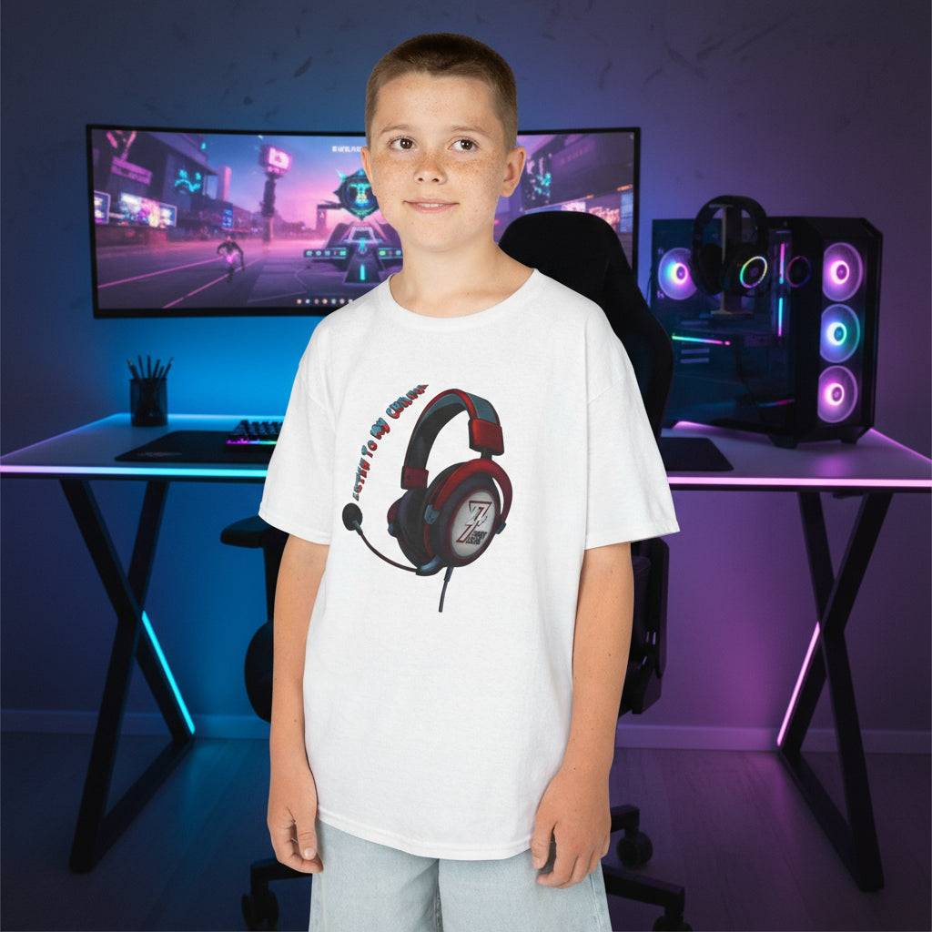 Young boy wearing the White Kids Gamer Headset T-Shirt with the "Listen to My Channel 24/7" design.