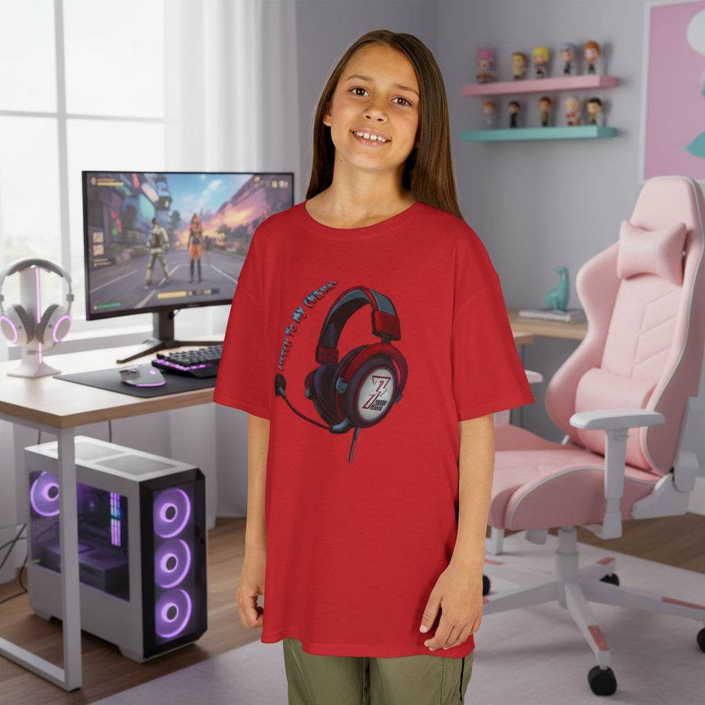 Young girl wearing the Holiday Red Kids Gamer Headset T-Shirt featuring the original 24/7 trademark headset.