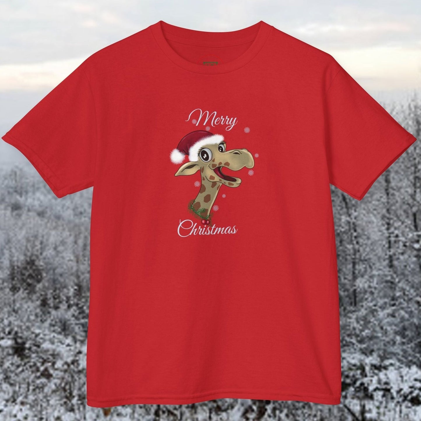 Vibrant Red kids Christmas tee with a hand-drawn giraffe breakthrough graphic.
