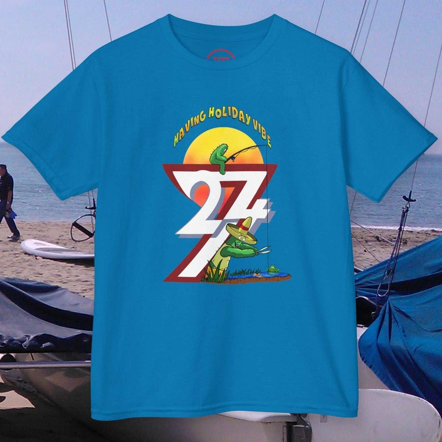 Kids Summer Fishing T-Shirt in Sapphire Blue featuring the "Holiday Vibe" text.