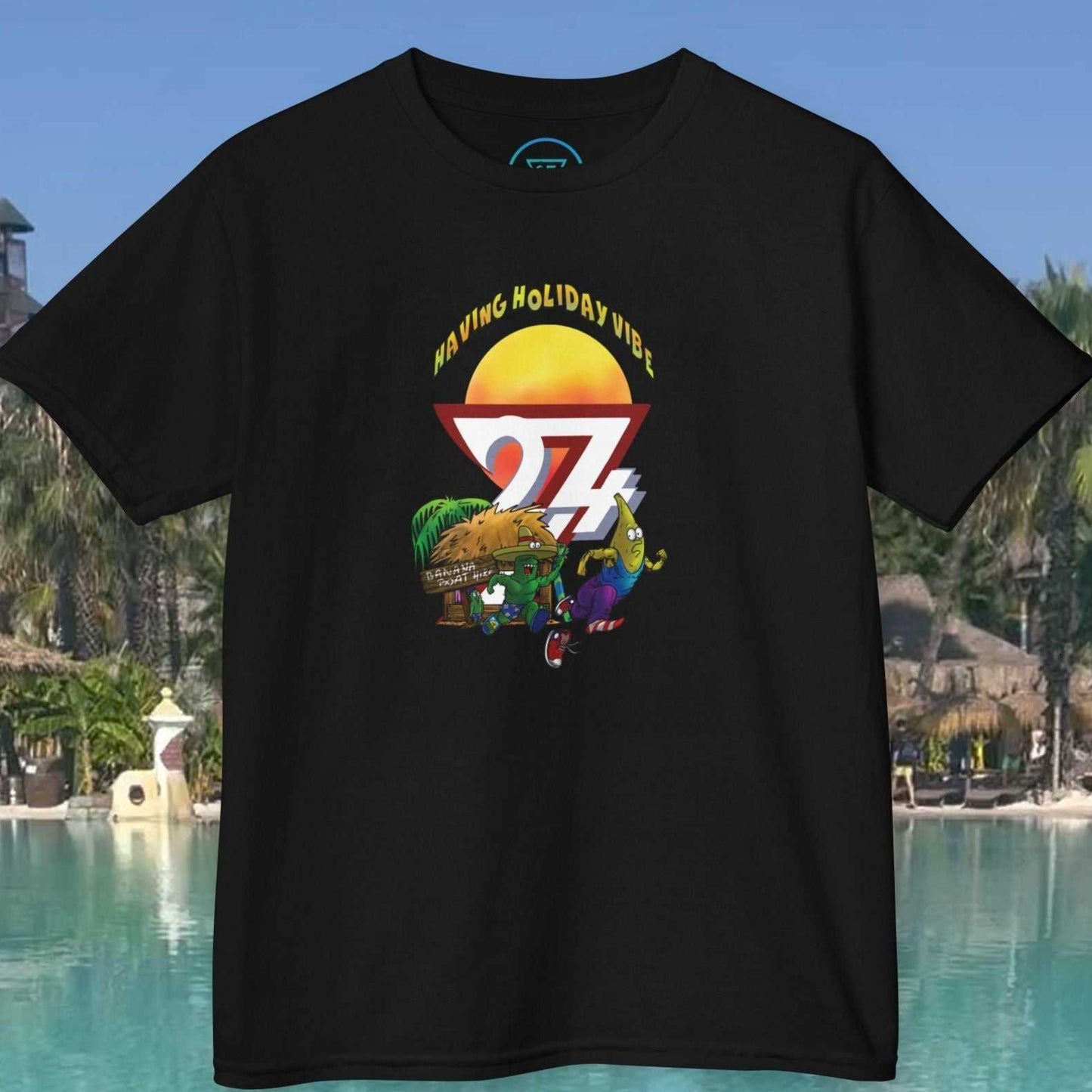 Kids Tropical Vacation T-Shirt in Black with a 90s comic-style tropical hut illustration.