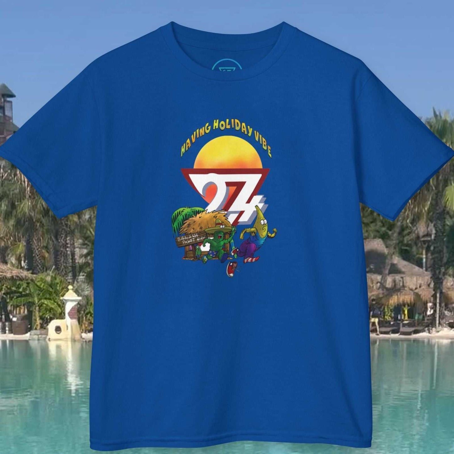 Kids Tropical Vacation T-Shirt in Royal Blue with the Banana Bundy escape graphic.