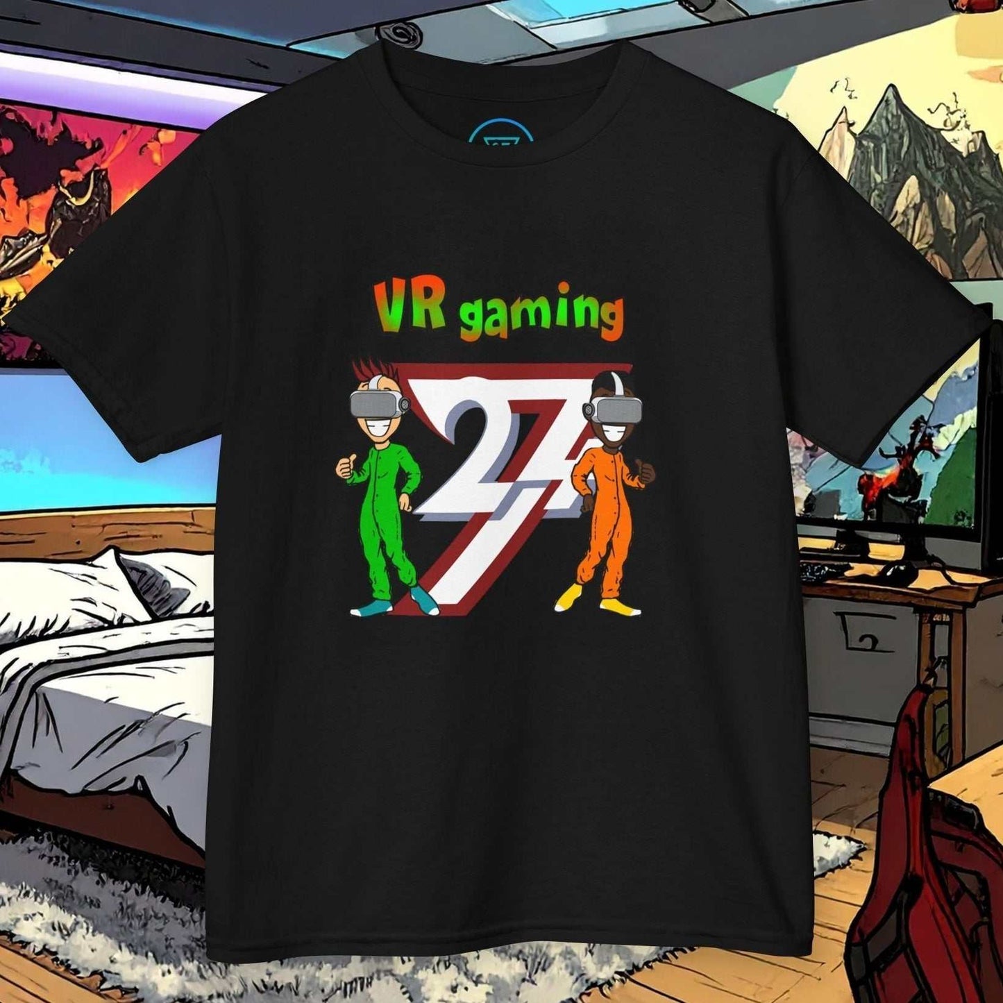 Black kids VR gaming t-shirt with colorful hand-drawn cartoon characters wearing VR headsets