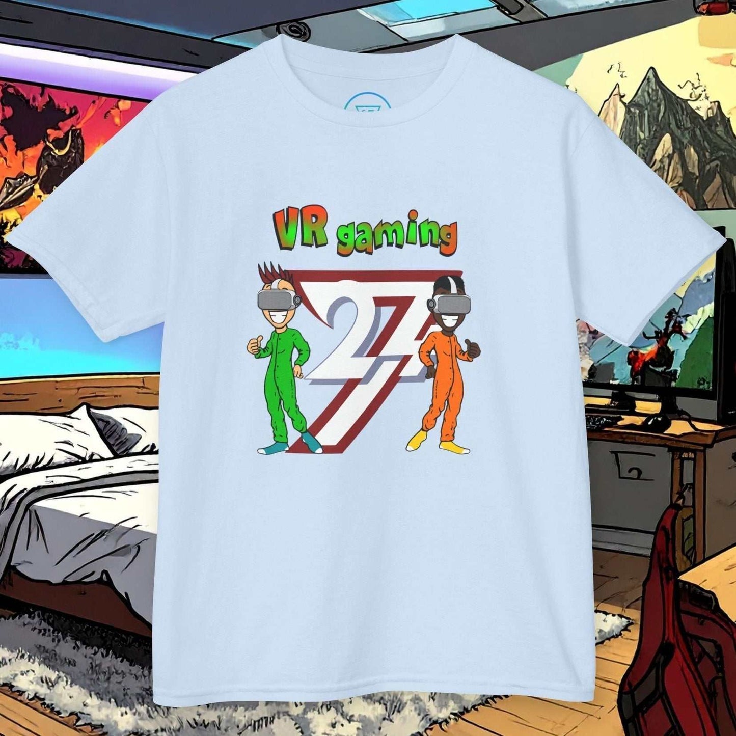 Light Blue Kids VR gaming t-shirt with hand-drawn cartoon characters