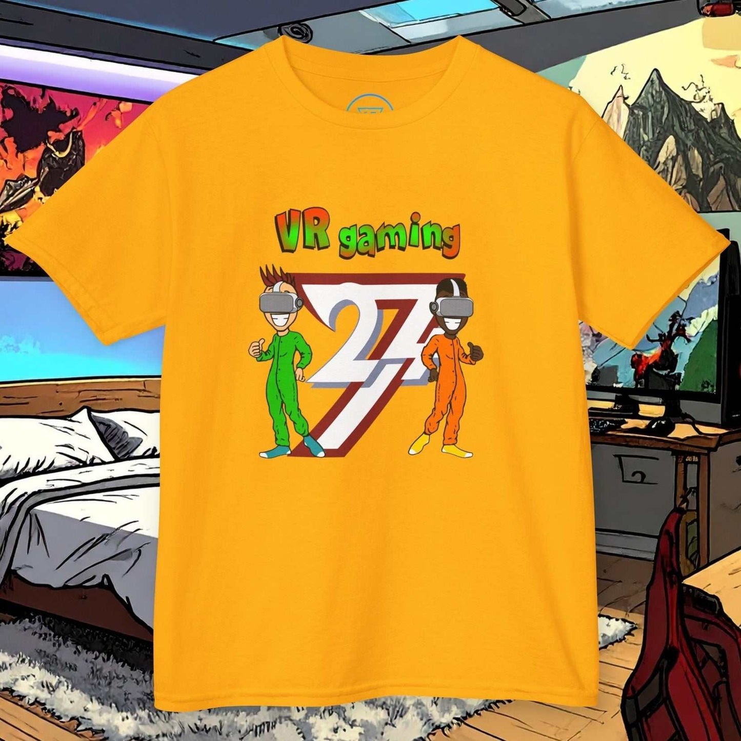 Yellow kids VR gaming t-shirt with hand-drawn cartoon characters and colorful graphics