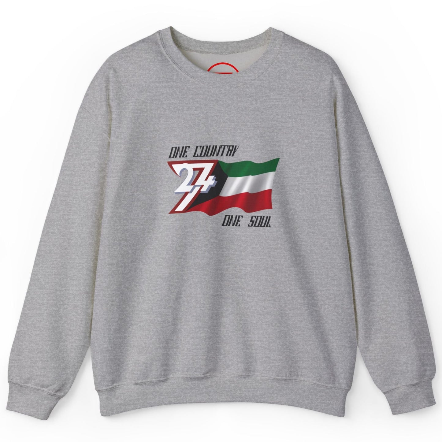 Sport gray unique Kuwait flag crewneck sweatshirt with One Country One Soul text - front view