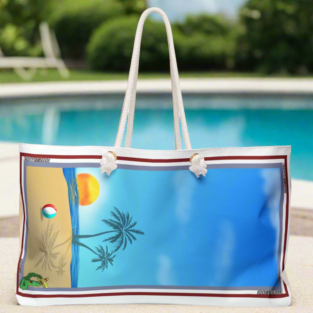 Large Beach Tote featuring a hand-drawn ocean scene with palm trees and a beach ball.