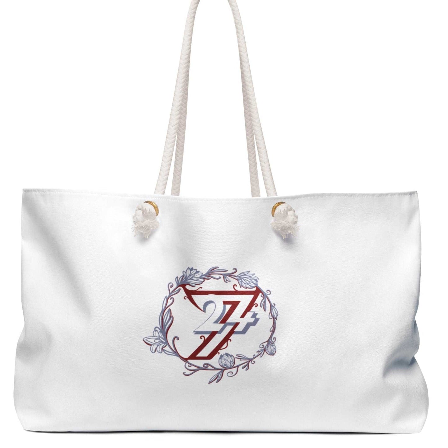 Back view of the large travel tote showing the identical, authentic hand-drawn floral artwork and sturdy cotton rope handles, laid flat.
