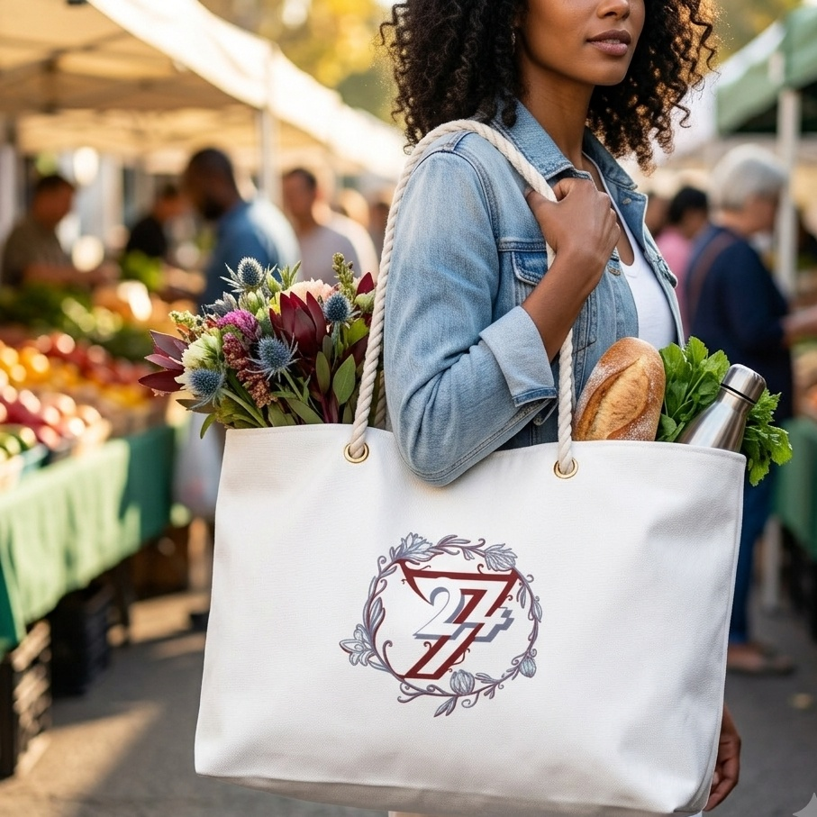 A woman carries the large travel tote over her shoulder at a bustling outdoor market, displaying the hand-drawn floral wreath design of the elegant weekender bag packed with fresh flowers, a baguette, and a water bottle.
