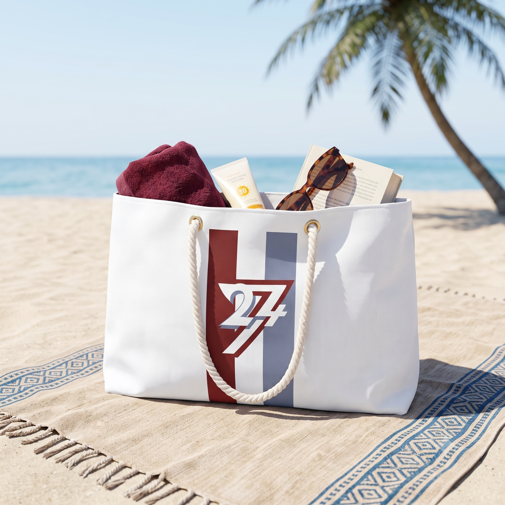 The spacious spun polyester weekend bag sitting open on a beach towel by the ocean, fully packed with summer essentials like a towel, sunscreen, and sunglasses to demonstrate its massive capacity.