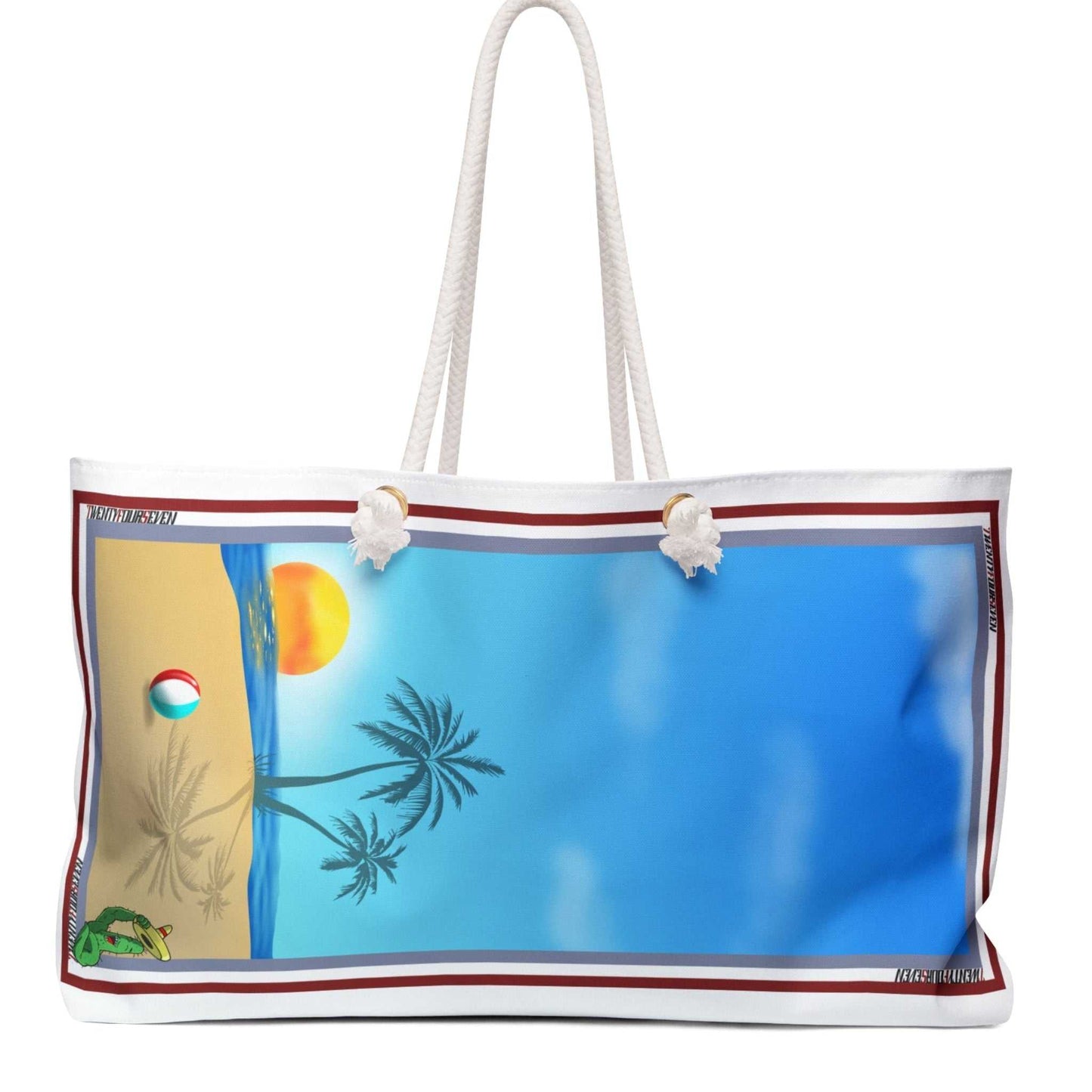 Front view of the large weekender beach bag featuring a vibrant retro beach scene graphic with palm trees and a sun, complete with sturdy rope handles on a clean white background.