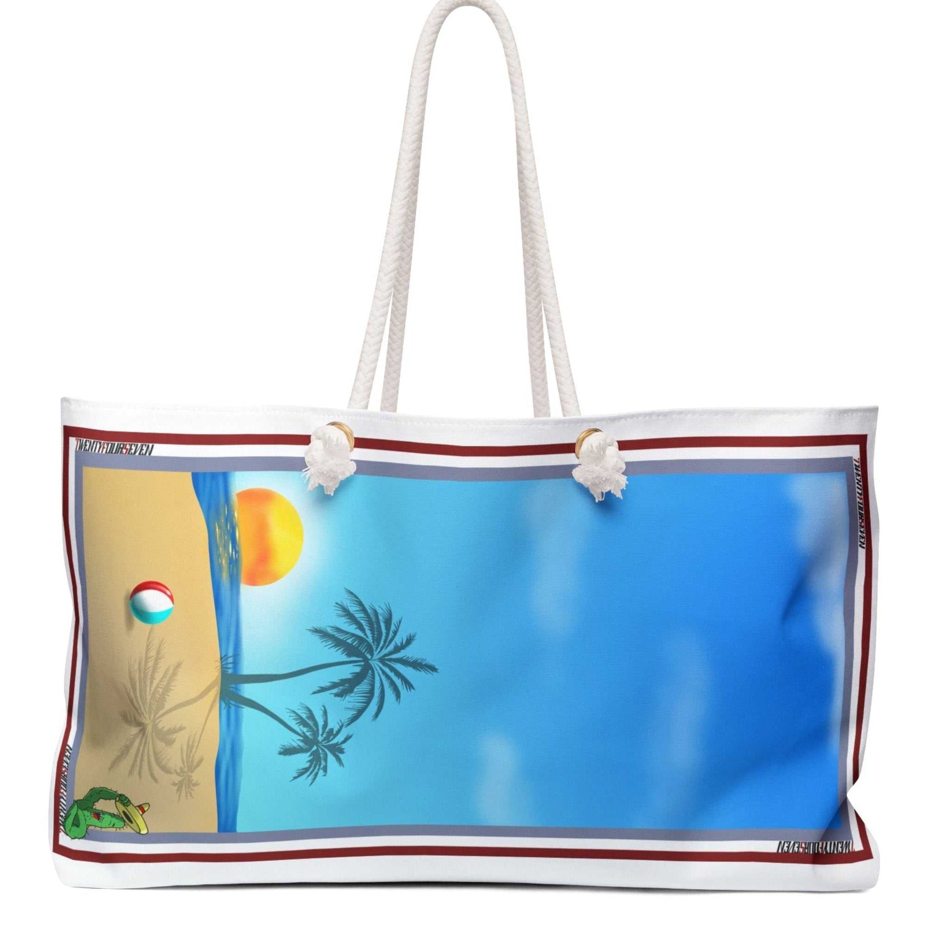 Front view of the large weekender beach bag featuring a vibrant retro beach scene graphic with palm trees and a sun, complete with sturdy rope handles on a clean white background.