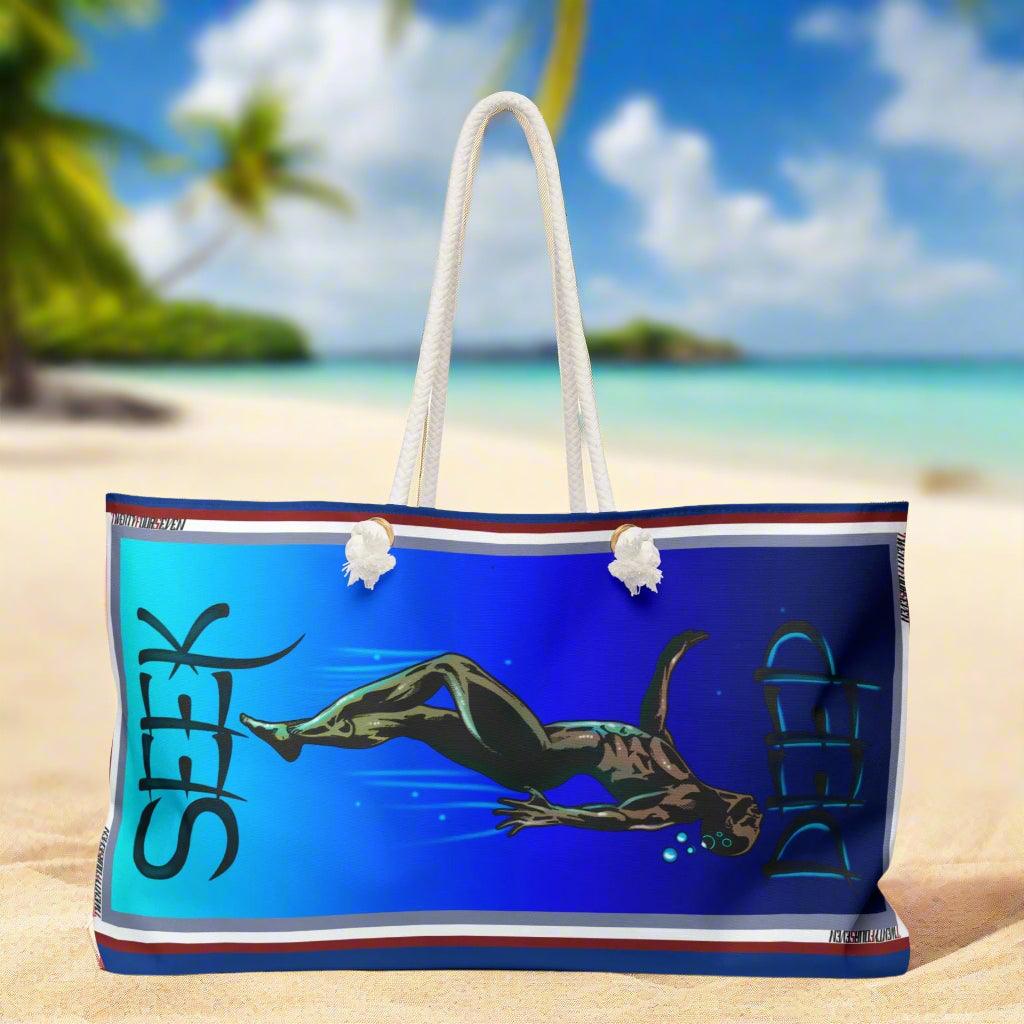 Large Beach Bag featuring the hand-drawn Seek Deep diver graphic and rope handles.