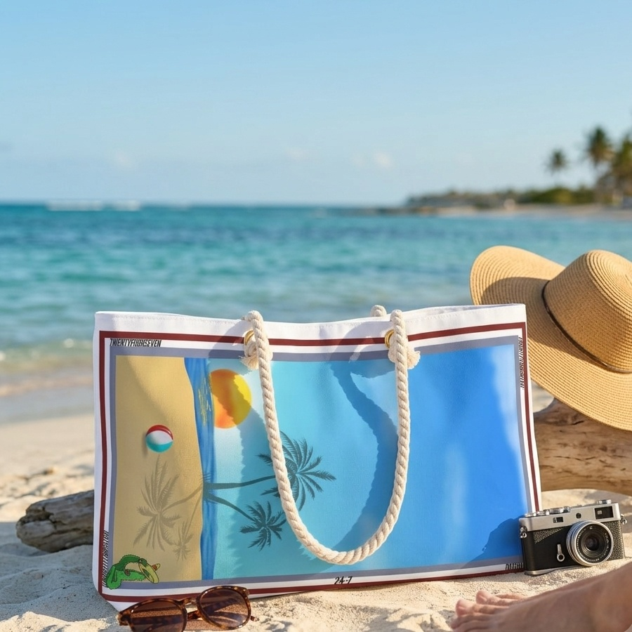 The large weekender beach bag featuring a retro sunset and palm tree graphic rests on white tropical sand, styled next to a vintage camera, straw hat, and sunglasses to showcase its perfect vacation utility.