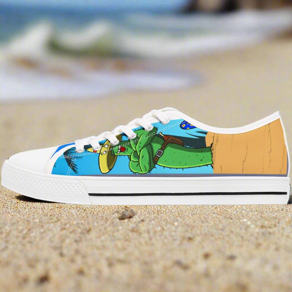 Left View of Tropical Canvas Sneaker showing Leonando character art.