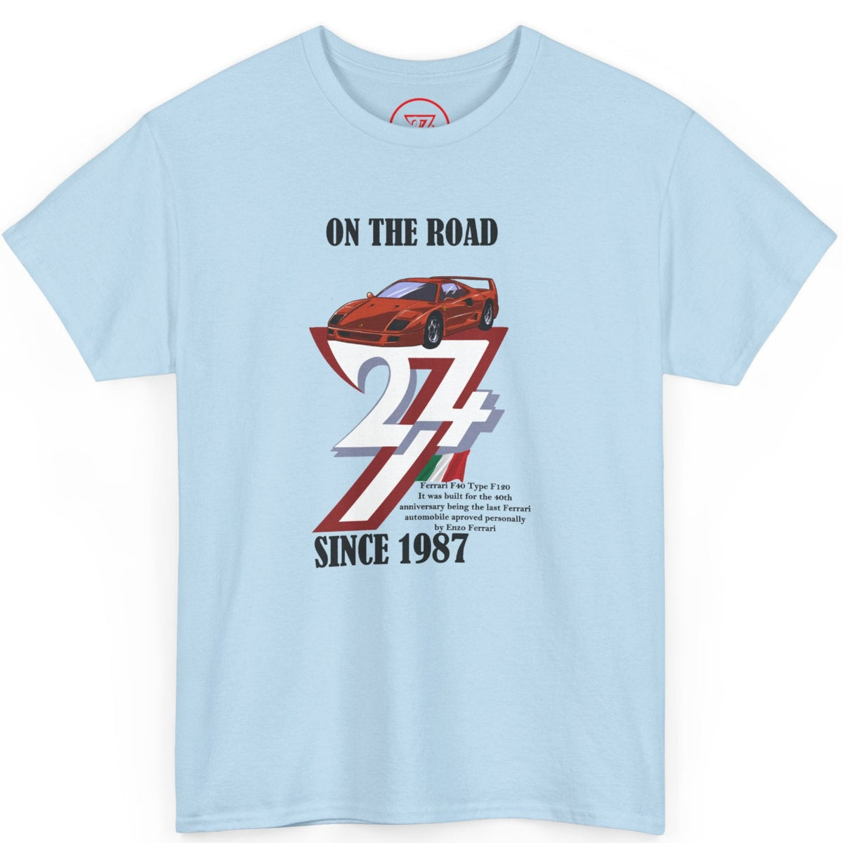 Front view of a light blue 1987 birth year auto enthusiast tee highlighting the bold graphic design.