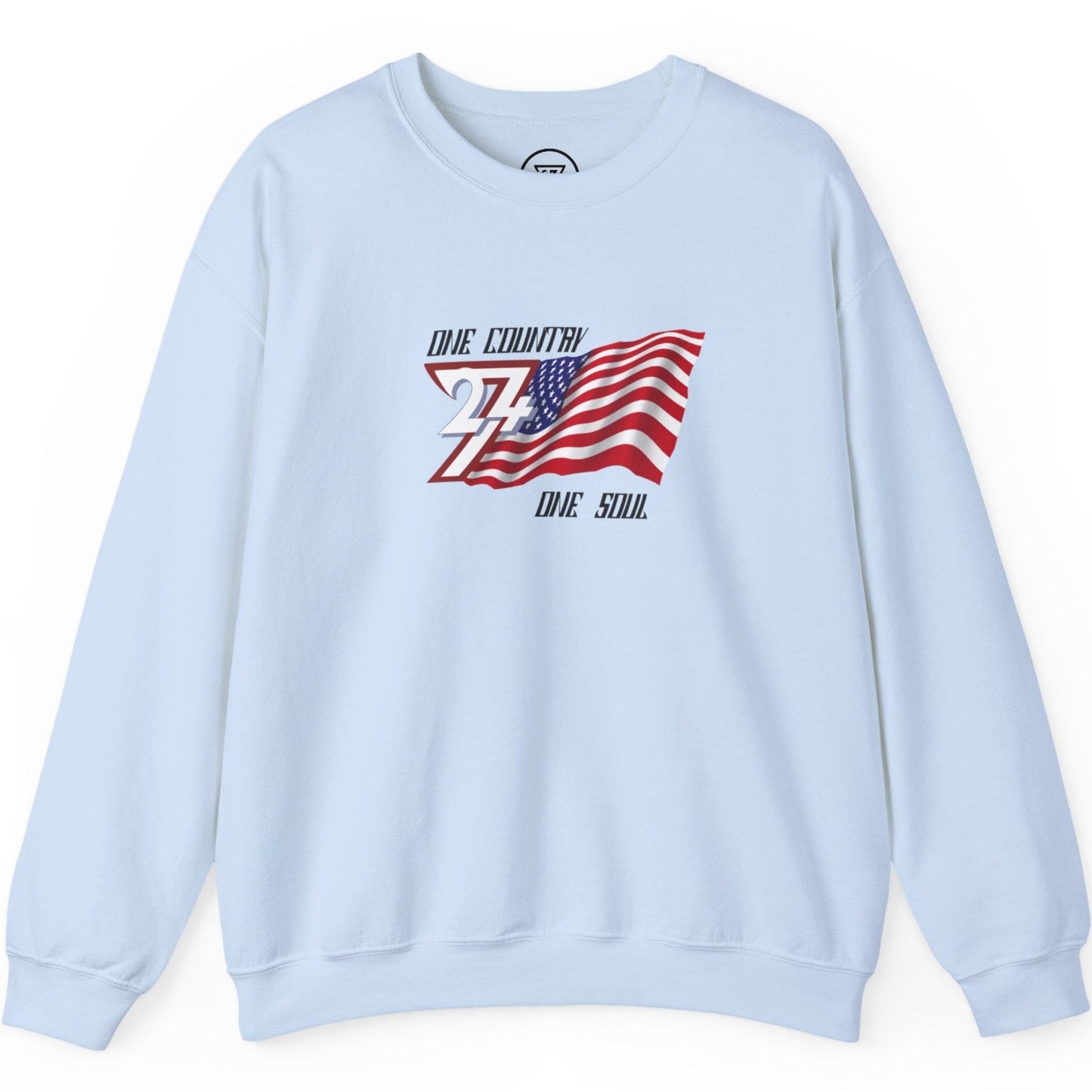 Light blue 4th of July apparel sweater displaying the patriotic slogan, shown on a clean background.