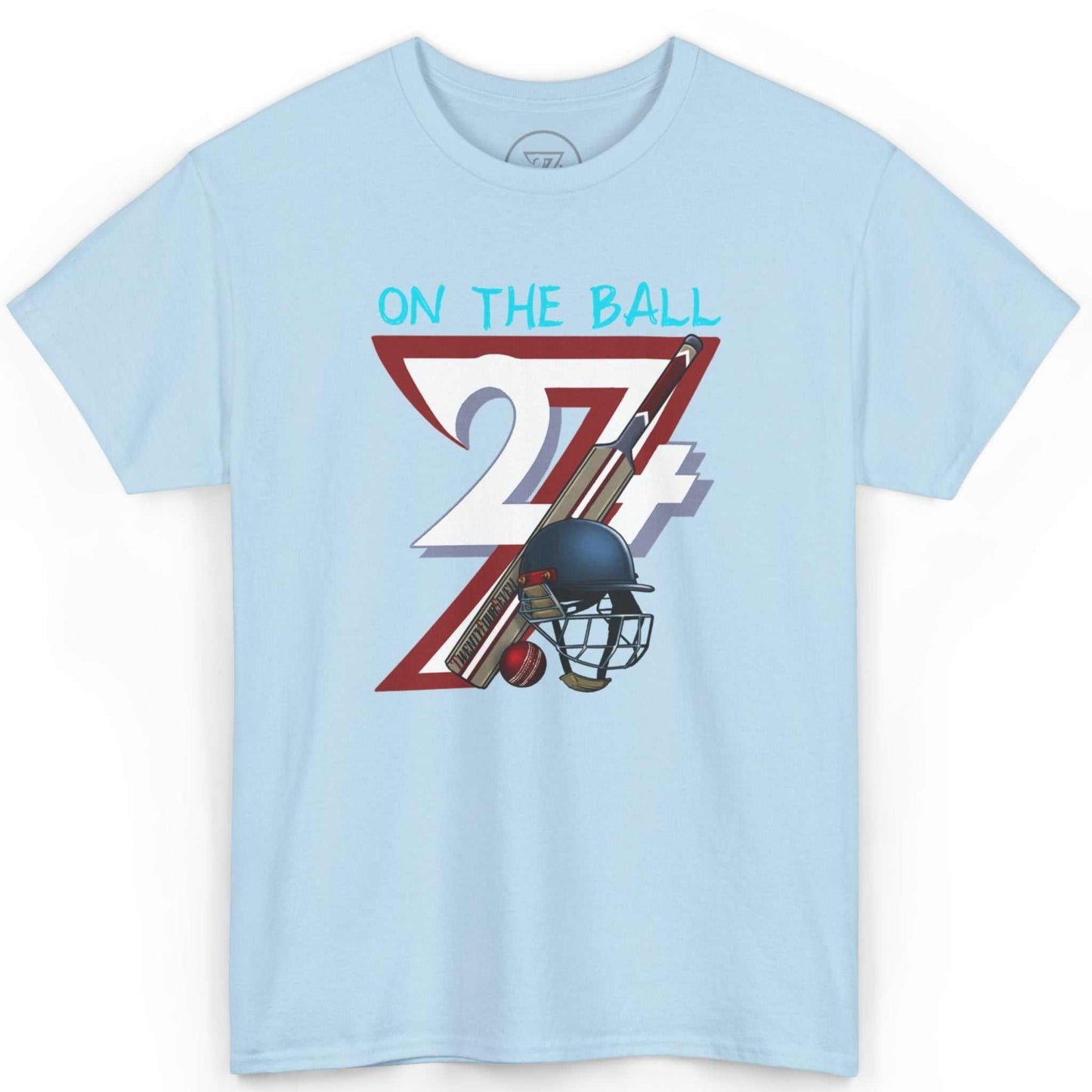 Front view of a light blue 90s vintage cricket graphic tee featuring the On the Ball graphic, laid flat on a clean background.
