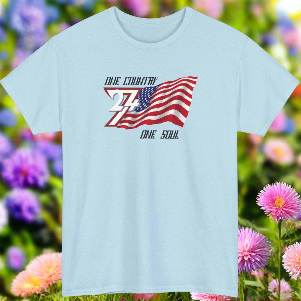 Light blue USA Graphic Tee with hand-drawn American flag design and "One Country One Soul" slogan.