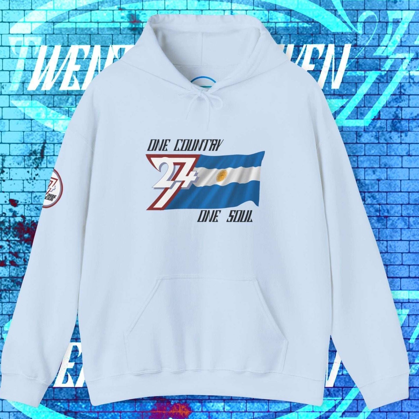 Light Blue Argentina hoodie showing fleece lining and 24/7 signature sleeve branding.