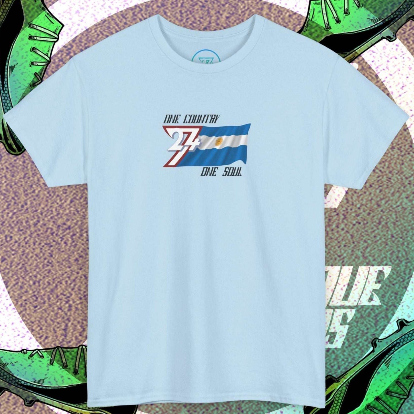 Front perspective of the premium Light Blue Argentina flag shirt with a refined hand-drawn finish and "One Country One Soul" text.