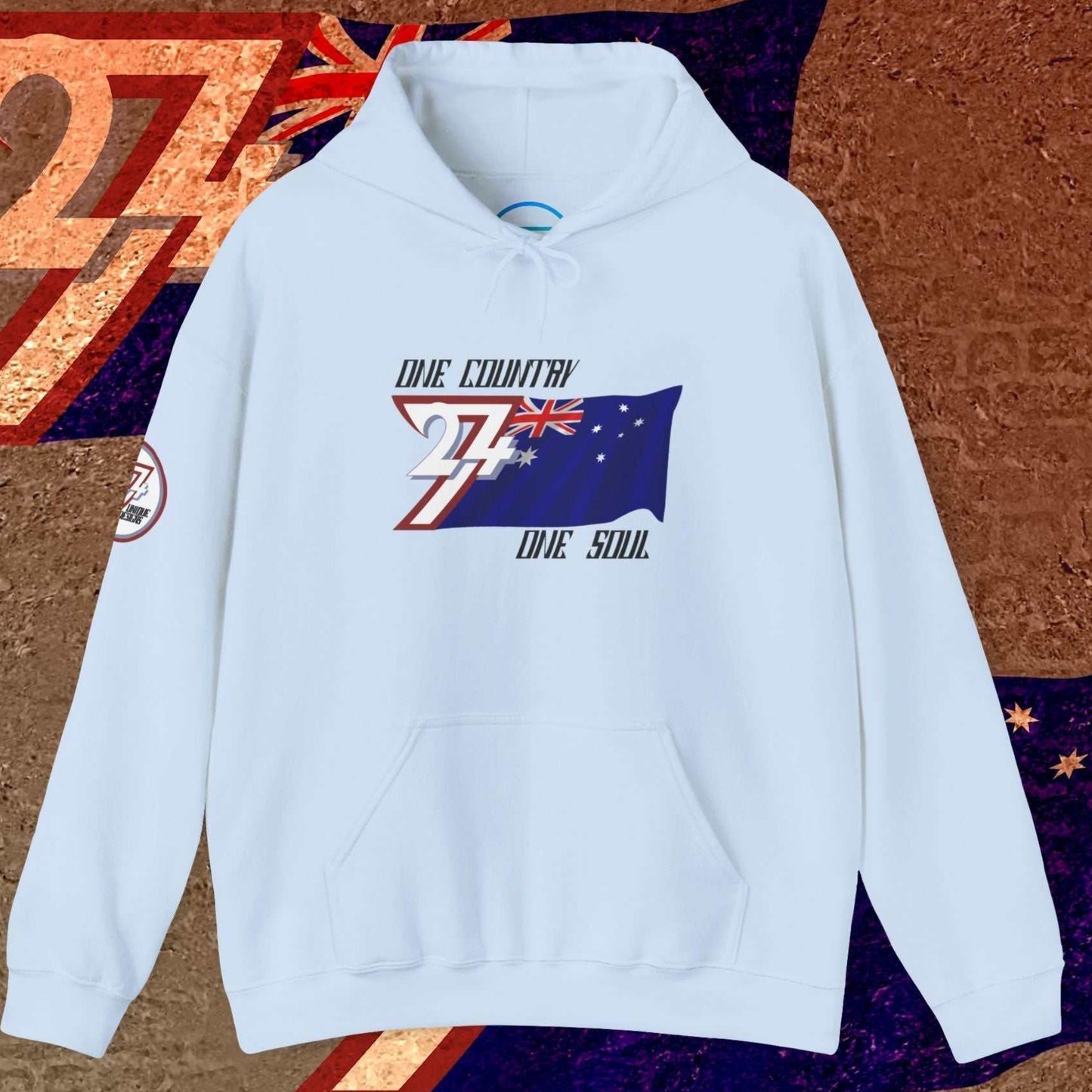 Light Blue Australia hoodie showing fleece lining and 24/7 signature sleeve branding.