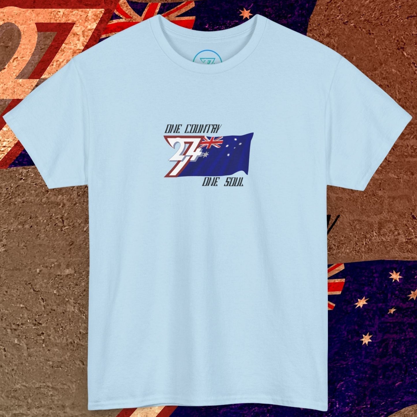 Front perspective of the premium Light Blue Australia flag shirt with a refined hand-drawn finish.